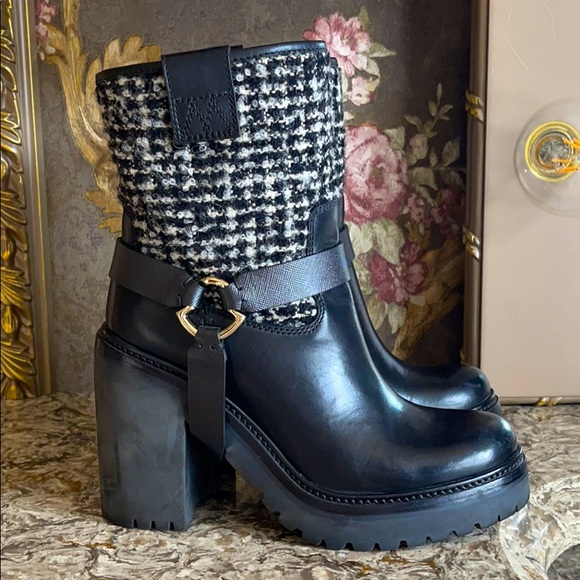 Moncler Tweed Leather Heeled Boots size 36 - Picture 1 of 9